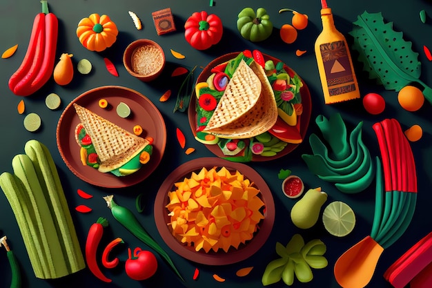 Hermosa decoración de fiesta mexicana con comida Generativa Ai