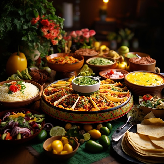 hermosa decoración de fiesta mexicana con comida