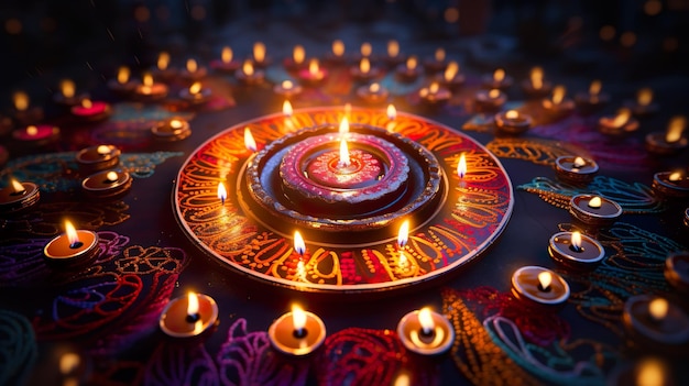 Hermosa decoración del piso de Diwali con Diya y Rangoli Celebración de diwali con luces
