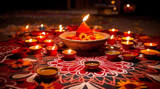 Hermosa decoración del piso de Diwali con Diya y Rangoli Celebración de diwali con luces