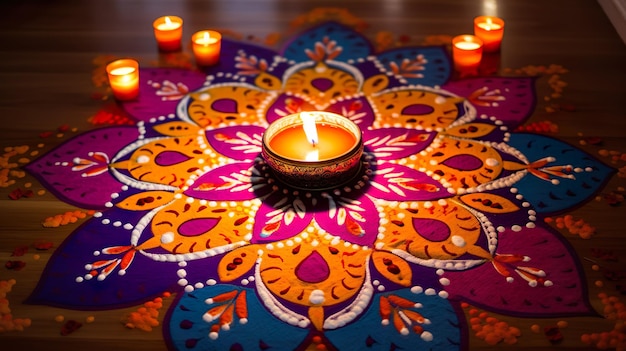 Hermosa decoración del piso de Diwali con Diya y Rangoli Celebración de diwali con luces