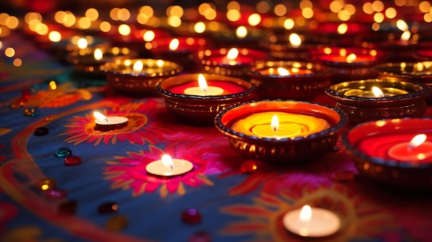 Hermosa decoración del piso de Diwali con Diya y Rangoli Celebración de diwali con luces