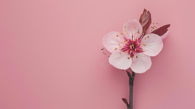 Foto una hermosa y delicada flor de cerezo rosa está aislada contra un fondo rosado suave