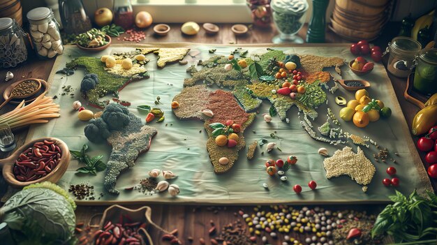 Foto una hermosa y deliciosa imagen de un mapa del mundo hecho de diferentes tipos de alimentos