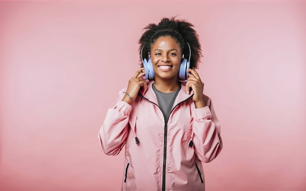 hermosa deportista afroamericana en windbreaker con auriculares aislados en rosa