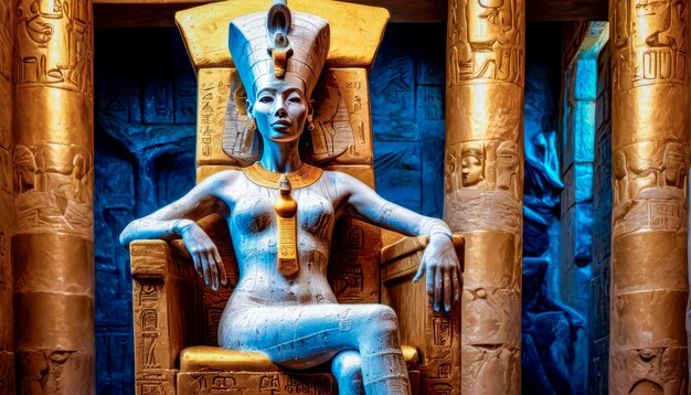 Foto la hermosa diosa egipcia faraón hatshepsut se sienta en un trono dorado en el templo de dendera