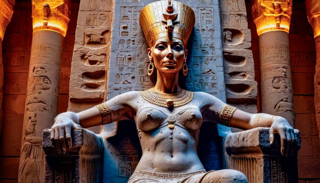 La hermosa diosa egipcia Faraón Hatshepsut se sienta en un trono dorado en el templo de Dendera