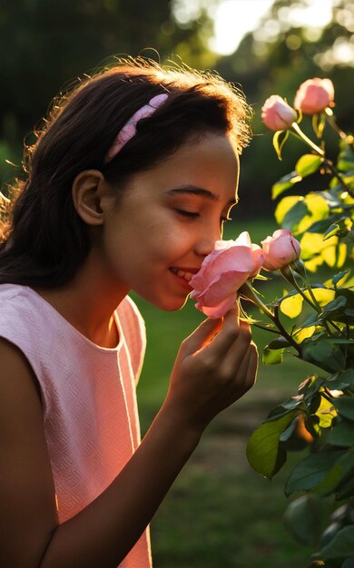 Una hermosa y diversa niña con olor a rosa se levantó en un jardín a la luz de la mañana o al atardecer