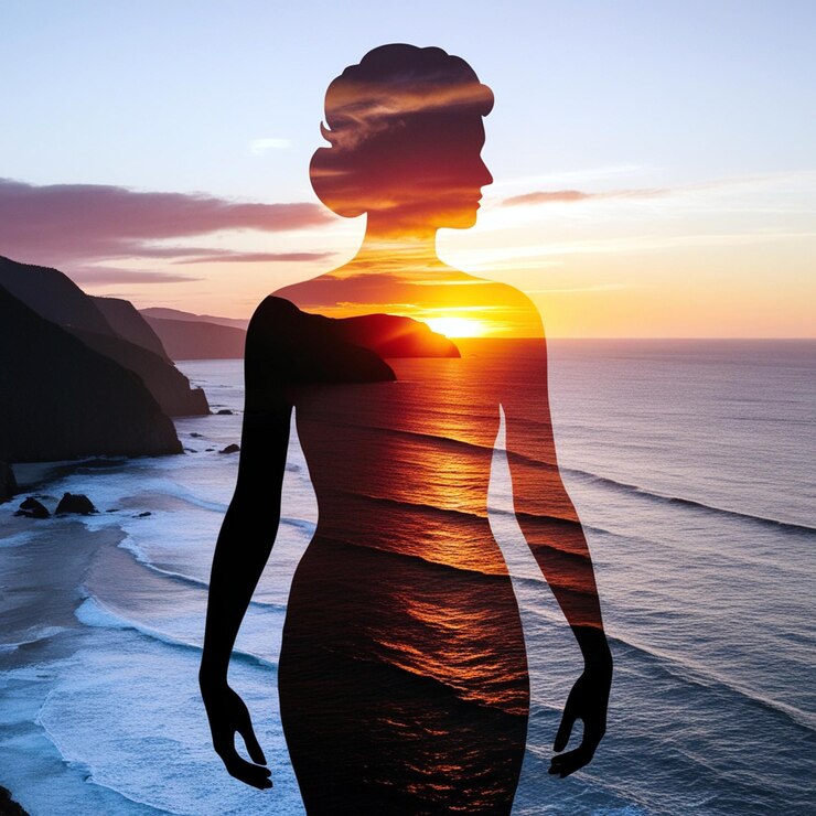Una hermosa doble exposición que combina una silueta de diosa con la costa de la puesta de sol