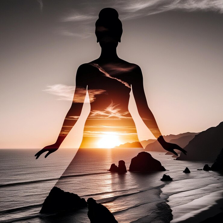 Una hermosa doble exposición que combina una silueta de diosa con la costa de la puesta de sol