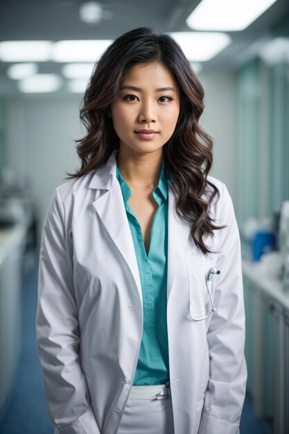 Una hermosa doctora calentando bata blanca de laboratorio en la clínica