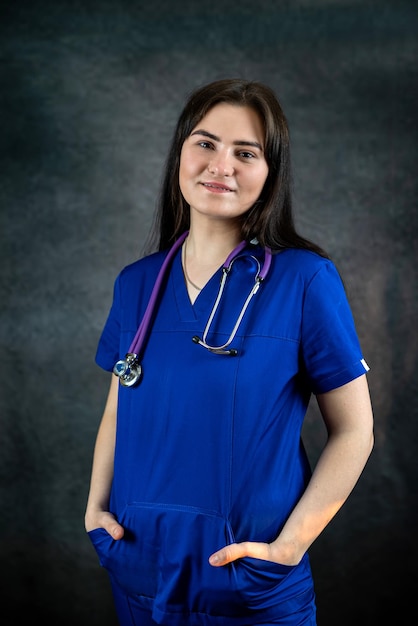 Hermosa doctora, enfermera o estudiante de medicina en uniforme azul con estetoscopio sobre fondo oscuro Ocupación médica