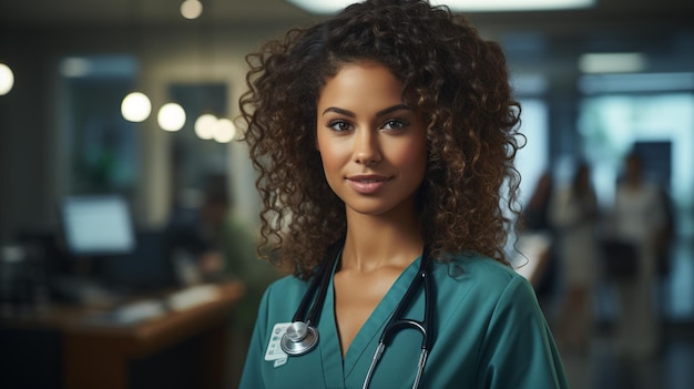 Una hermosa doctora en uniforme médico.