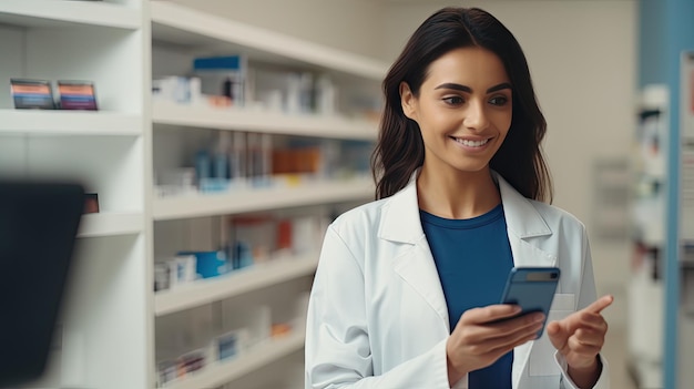 Foto una hermosa doctora usando un teléfono móvil