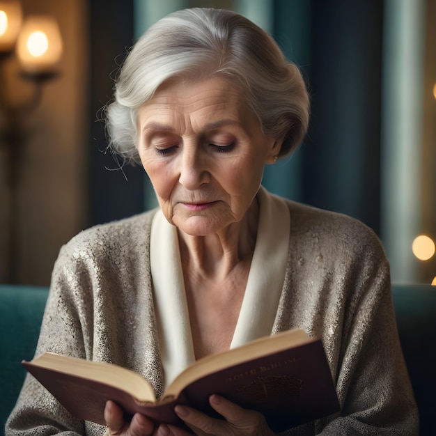 hermosa y elegante anciana leyendo un libro