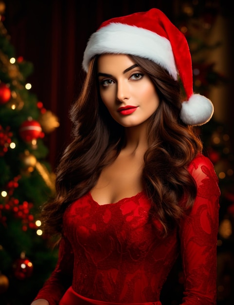 Hermosa y elegante mujer con un sombrero navideño sobre un fondo navideño