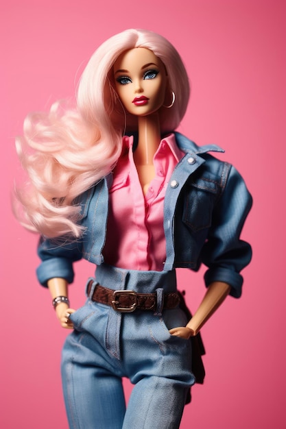 Hermosa y elegante muñeca barbie con un atuendo moderno sobre un fondo rosa sólido