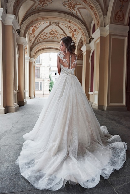 Hermosa y elegante novia con un vestido de novia perfecto, posa alrededor de una bella arquitectura