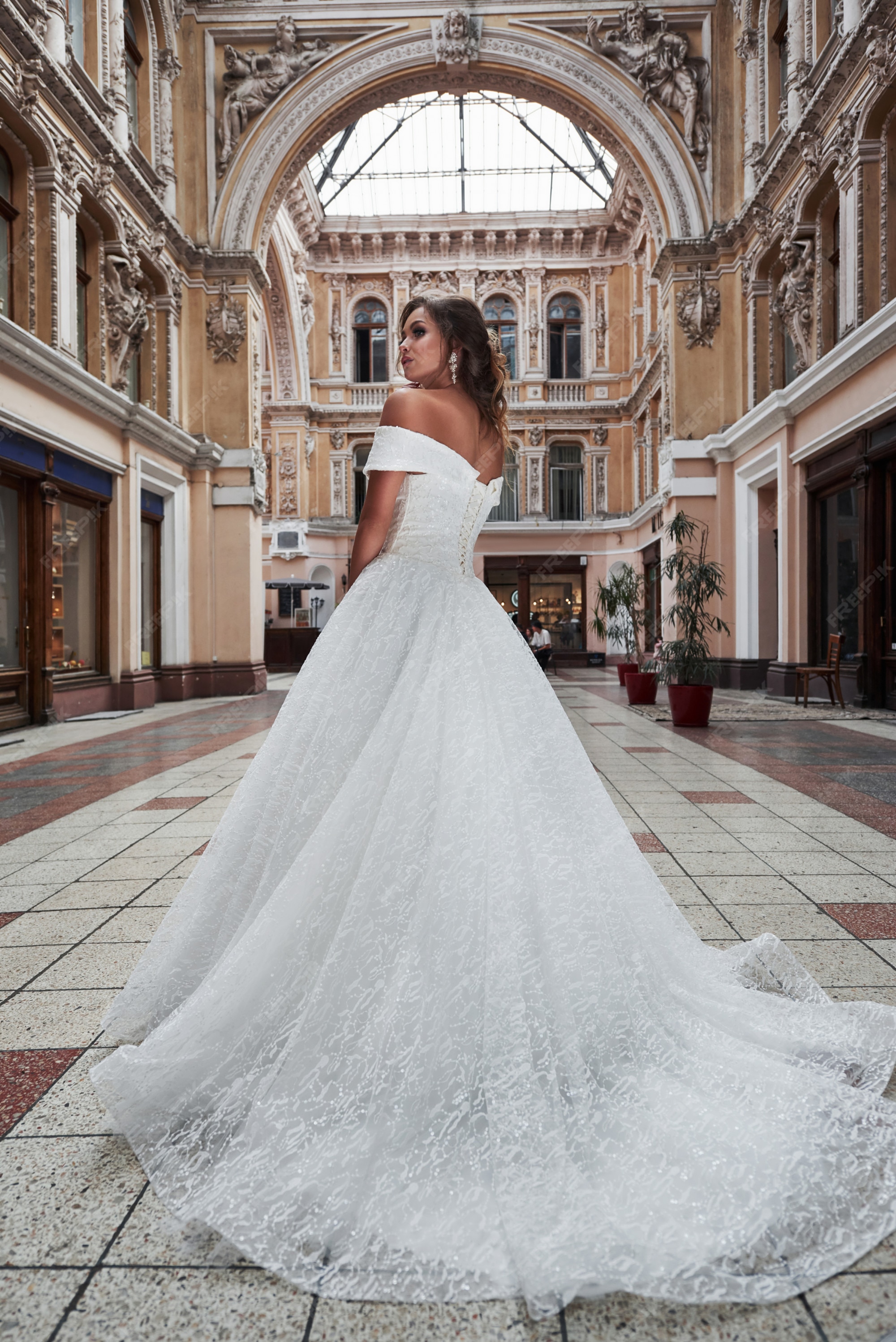 Hermosa y elegante novia con un vestido novia posa alrededor de una bella | Foto