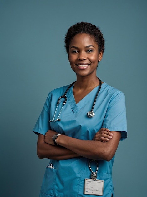 La hermosa enfermera afroamericana sonriendo