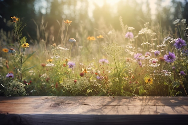 una hermosa escena de un campo cubierto de flores silvestres con un sol brillante al fondo