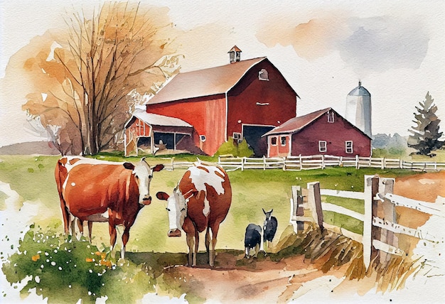 Hermosa escena de granja americana caballos y vacas Estilo de dibujo de acuarela Generativo ai