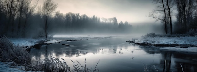 Una hermosa escena de invierno con copos de nieve a la deriva Banner horizontal generado por IA