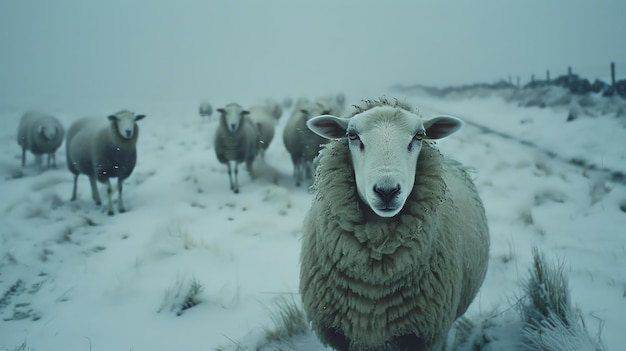 Una hermosa escena de invierno de una oveja mirando a la cámara con un fondo borroso de otras ovejas en la nieve