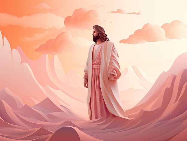 Hermosa escena de Jesucristo parado solo ilustraciones 3D revista editorial