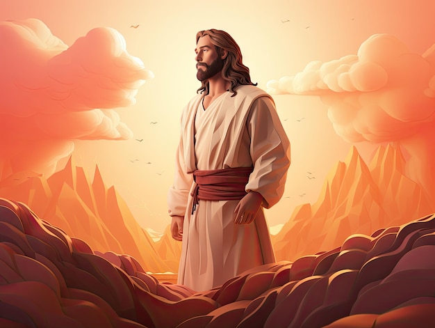 Hermosa escena de Jesucristo parado solo ilustraciones 3D revista editorial