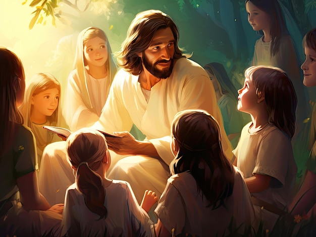 Foto hermosa escena de jesús enseñando a los niños leyendo la biblia colorida ilustración fondo catequesis