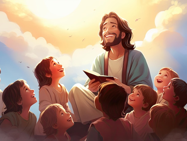 Hermosa escena de Jesús enseñando a los niños leyendo la Biblia colorida ilustración fondo catequesis