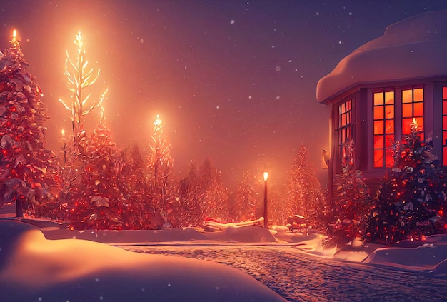 Foto una hermosa escena navideña al aire libre ilustra una casa navideña con un paisaje invernal nevado en un pueblo