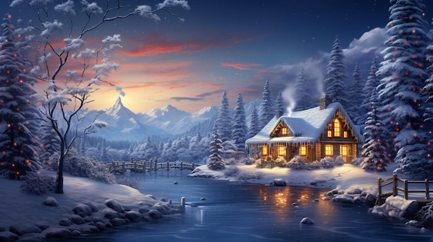 Una hermosa escena navideña al aire libre ilustra una casa navideña con un paisaje invernal nevado en un pueblo