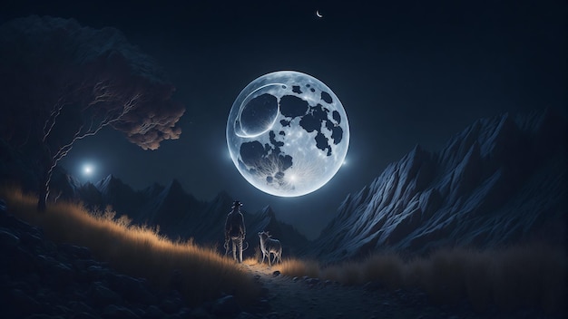 Hermosa escena nocturna de fantasía con una superluna