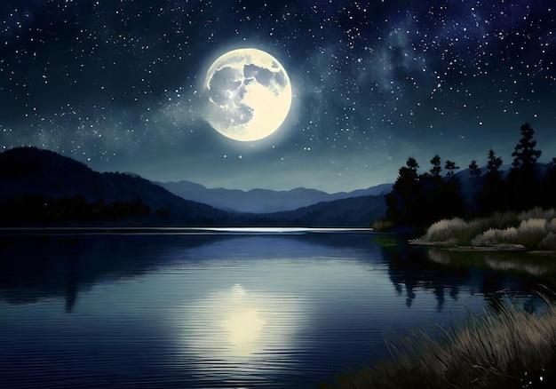 Foto hermosa escena nocturna de un lago tranquilo ilustración hiper realista