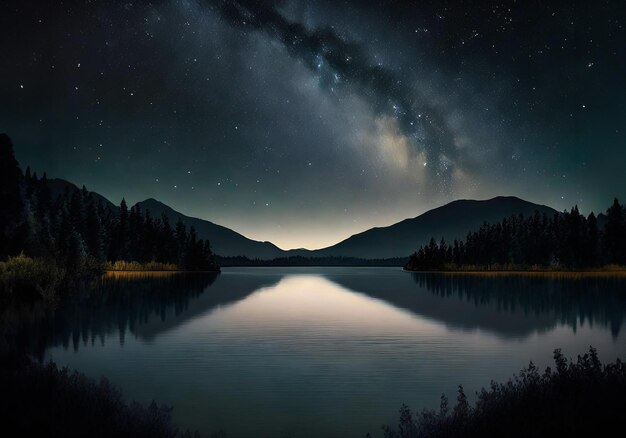 Foto hermosa escena nocturna de un lago tranquilo ilustración hiper realista