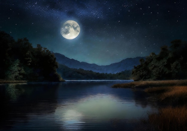 Foto hermosa escena nocturna de un lago tranquilo ilustración hiper realista