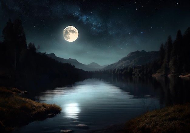 hermosa escena nocturna de un lago tranquilo ilustración hiper realista