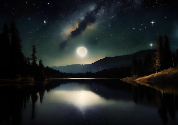 Foto hermosa escena nocturna de un lago tranquilo ilustración hiper realista