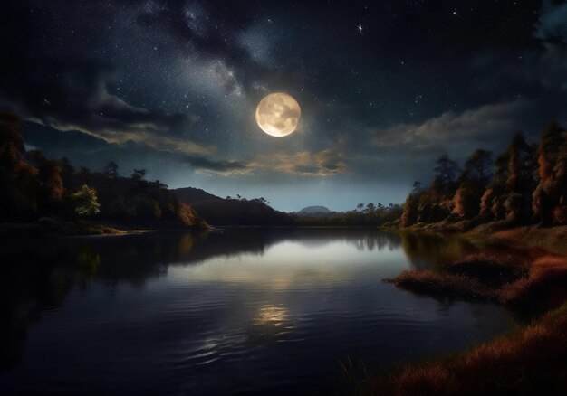 Foto hermosa escena nocturna de un lago tranquilo ilustración hiper realista