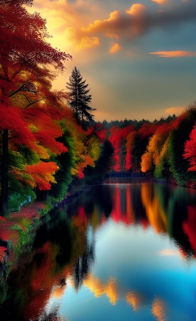 Una hermosa escena de otoño con un lago y árboles con la puesta de sol detrás.