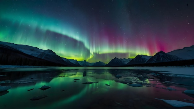 Una hermosa escena de paisaje con la Aurora Boreal y la Vía Láctea sobre las montañas reflejadas en el agua