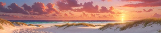 Una hermosa escena de playa al atardecer con el sol poniéndose sobre el océano y la playa cubierta de arena el cielo está lleno de nubes creando una atmósfera pintoresca y serena