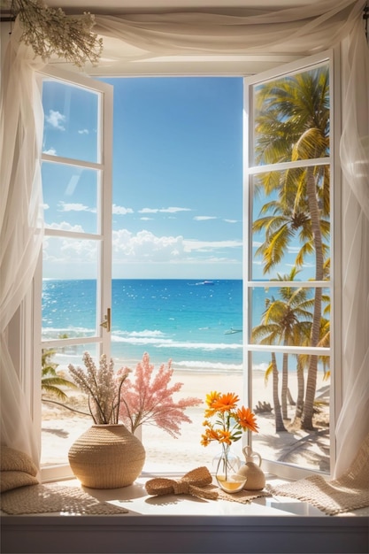 hermosa escena de playa estética a través de la ventana