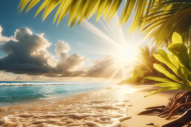 Una hermosa escena de playa con palmeras y un océano azul claro