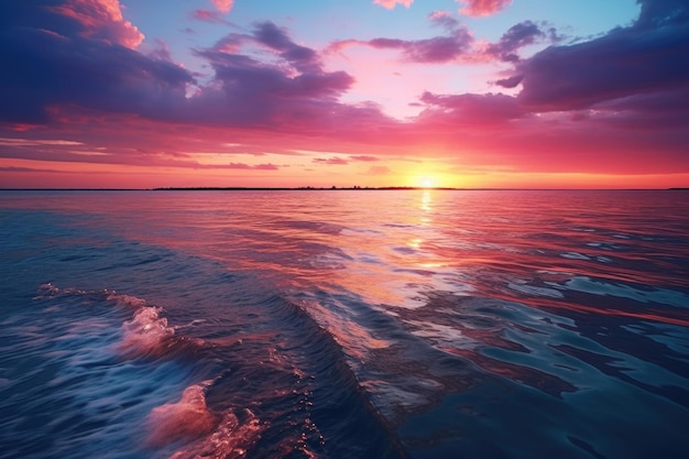 Foto una hermosa escena de puesta de sol sobre el océano con olas rompiendo. perfecta para proyectos temáticos de playa y naturaleza.