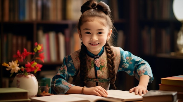 Una hermosa escolarita está sentada en un escritorio de la escuela con un globo, lápices, libro de texto, IA generativa.