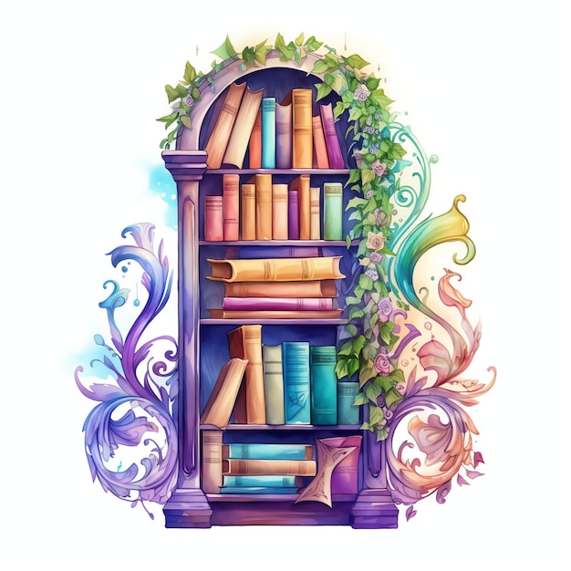 hermosa estantería con un letrero de amante del libro acuarela ilustración de clipart