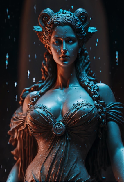 Hermosa estatua de la diosa de pie bajo la lluvia